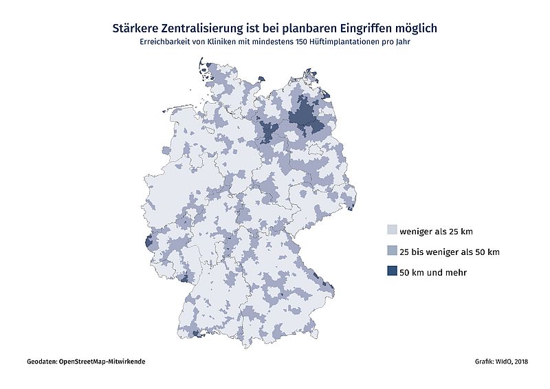 Die Deutschlandkarte stellt dar, wie lange Patienten, die eine Hüft-OP brauchen, bis zum nächsten Krankenhaus fahren müssen, das die Mindestanzahl an diesen Eingriffen erfüllt.